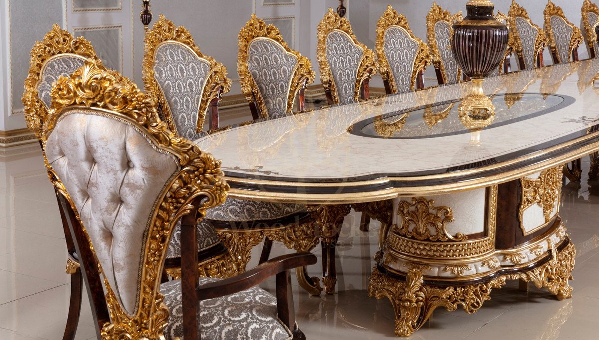 Royal Hunkar Gold Leaf Hand Carved Teak Dining Table Set II, Saharanpur, view 2