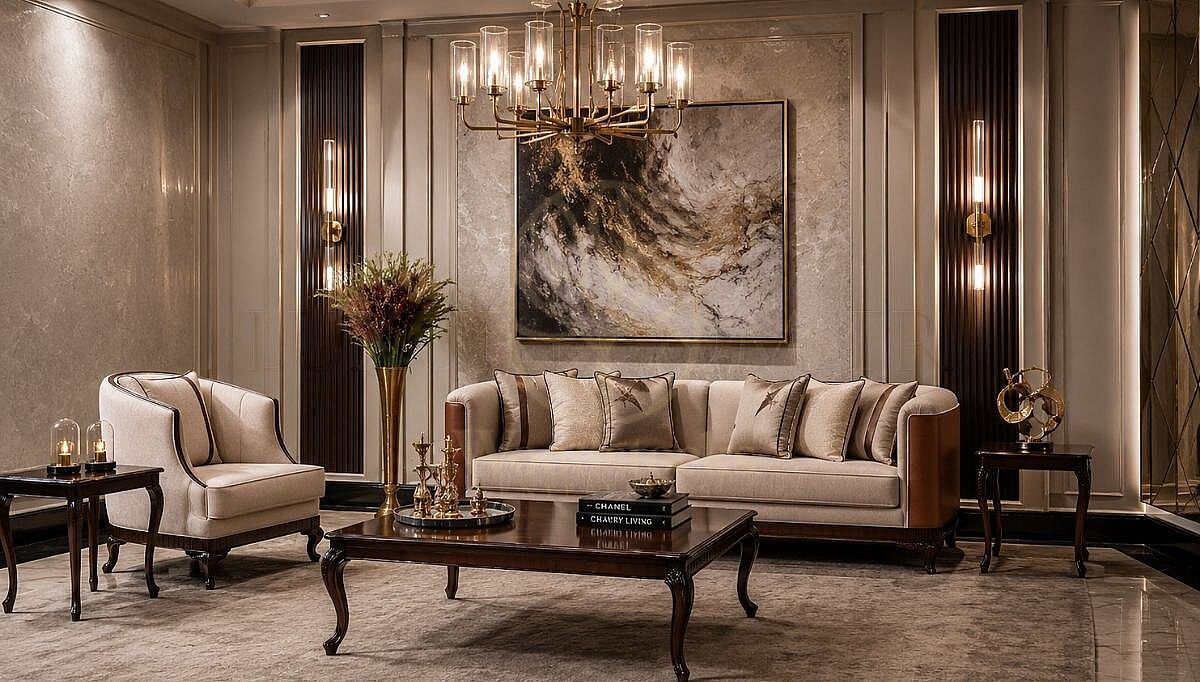 Royal Karya Beige Chesterfield Hand Carved Teak Sofa Set, Saharanpur, Sofa Set