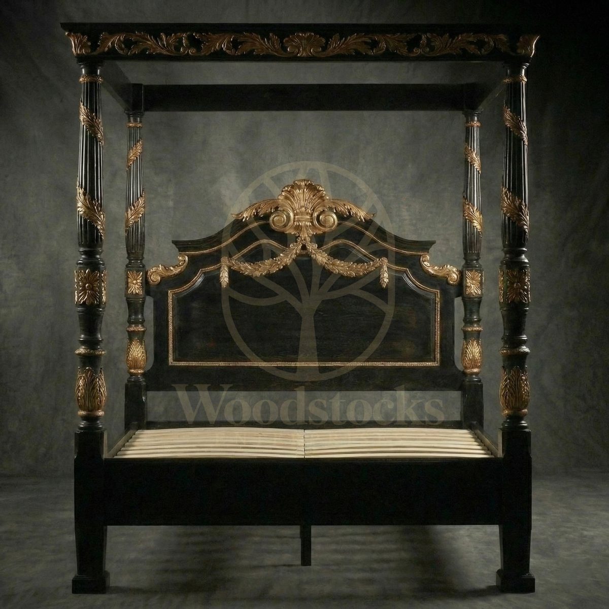 Royal Hand Carved Teak Palazzo Barberini Baroque Four Poster Bed, Saharanpur, view 4