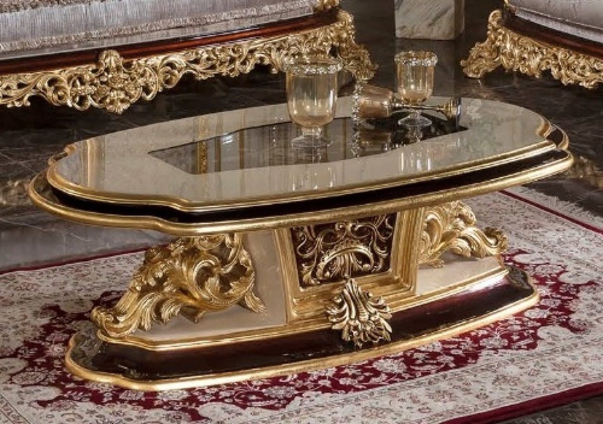 Teak Royal Gold Carved Oval Center Table, Center Table