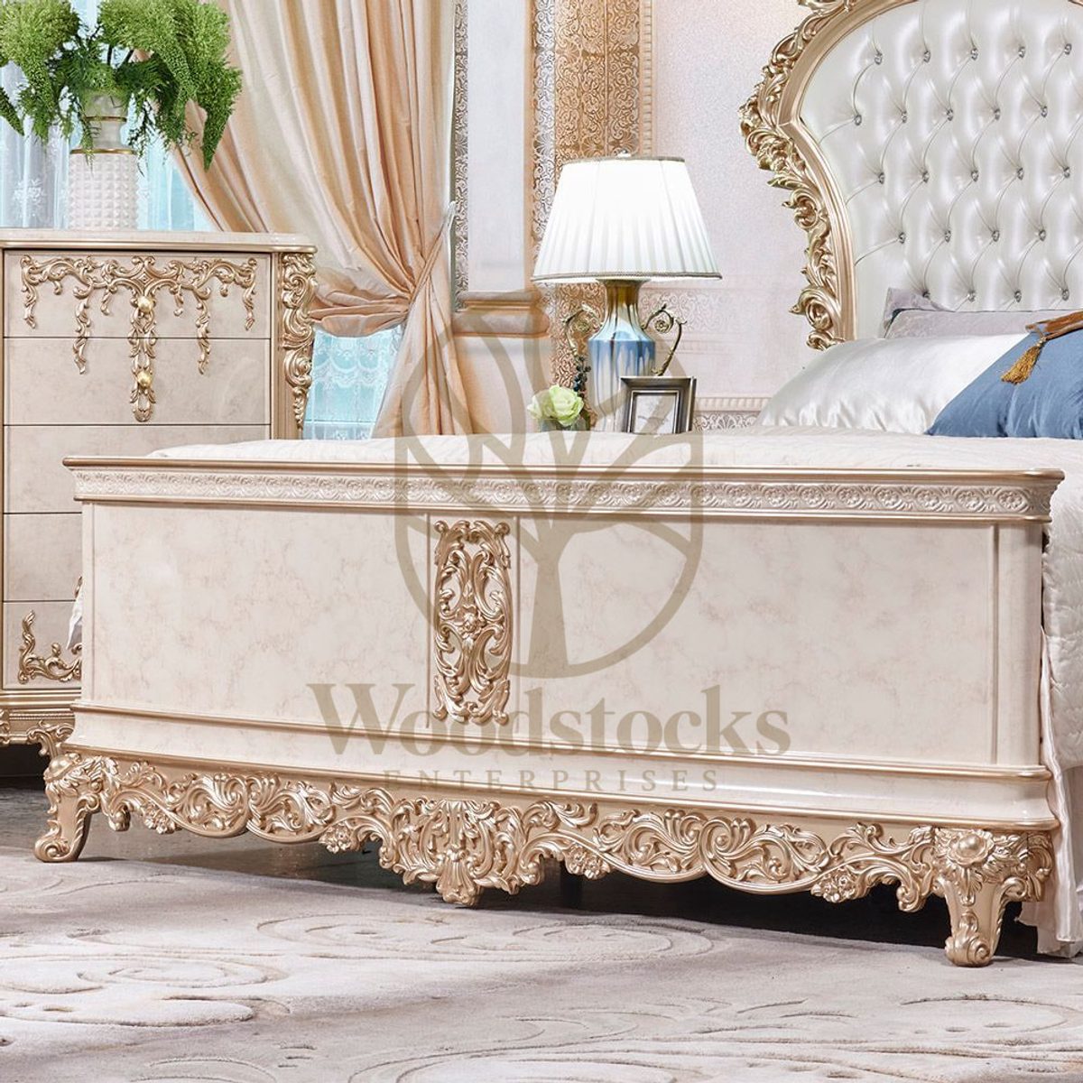 Teak Tufted Ivory 6-Piece King Size Bed, view 4