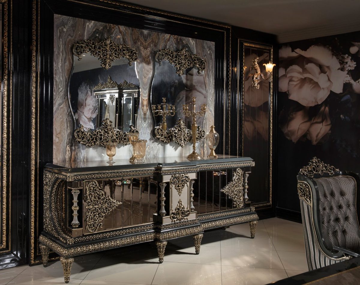 Teak Ornate Black Marble and Gold Console Table, Console Table