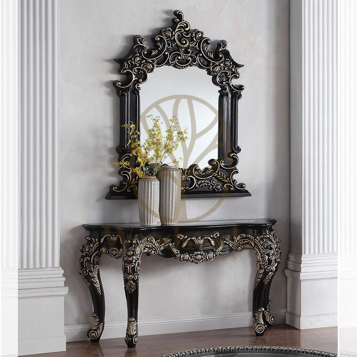 Teak Hand-Carved Antique Gold Console Table, Console Table