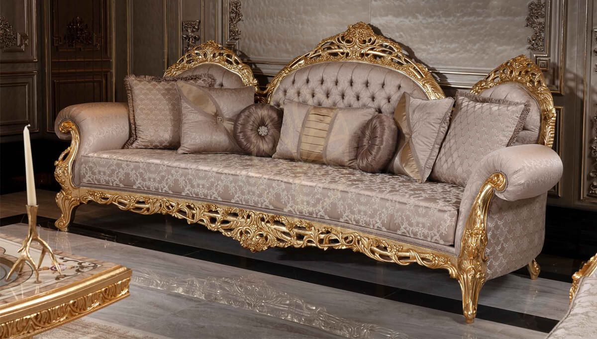 Royal Sultanahmet Gold Leaf Hand Carved Teak Sofa Set, Saharanpur, view 2