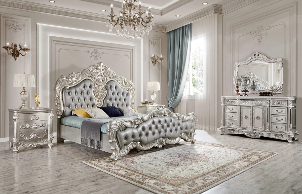 WSE High Quality Teak Wood Antique Cream Bedroom Set