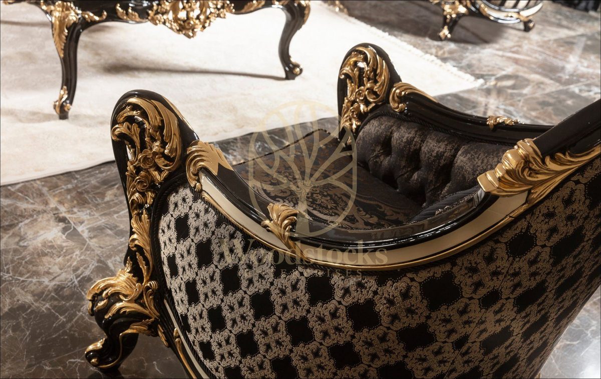 Teak Baroque Black and Gold Tufted Sofa Set, alternate view
