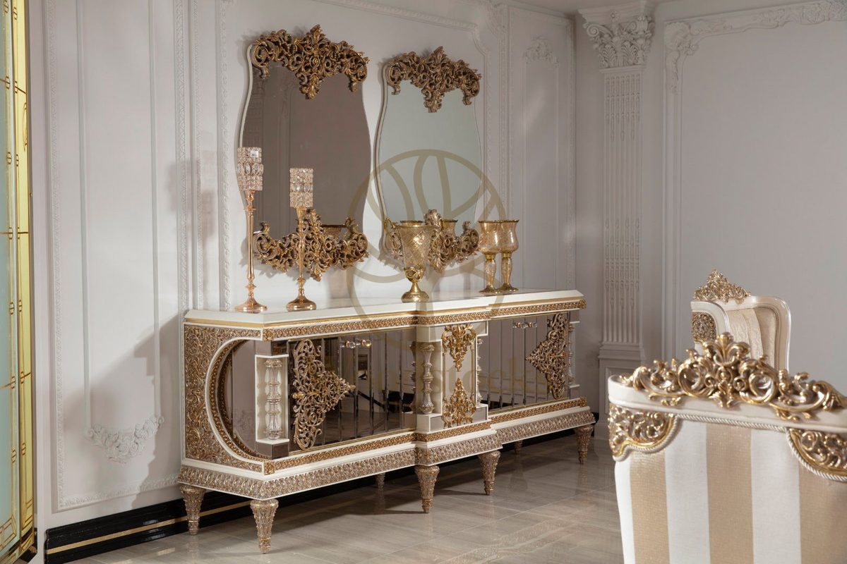 Teak Ornate Cream and Gold Console Table, Console Table