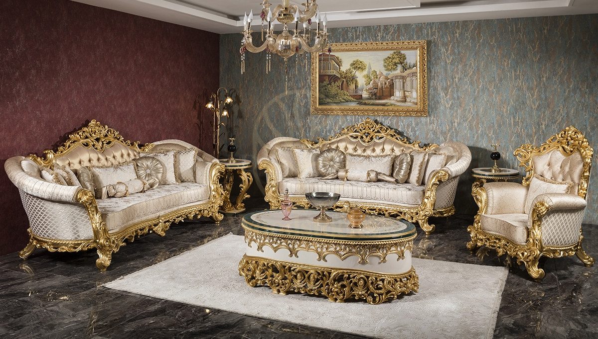 Royal Zumra Gold Leaf Hand Carved Teak Sofa Set, Saharanpur, Sofa Set