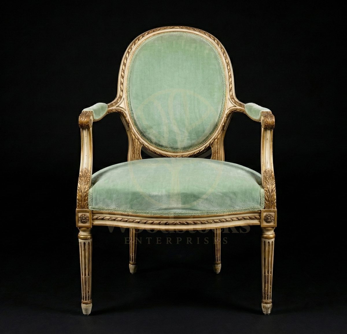 Royal Hand Carved Teak La Fauteuil de Lumière Gilded Mint Louis XVI Armchair, Saharanpur, view 2
