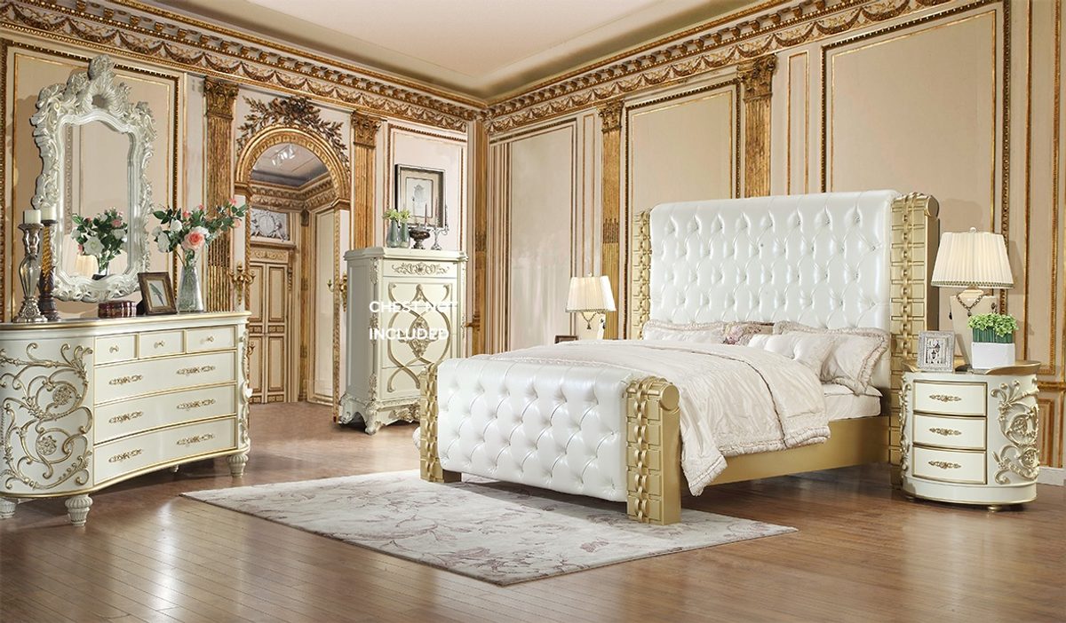 WSE High Quality Teak Wood Antique Gold 4-Piece King Size Bed II, King Size Bed