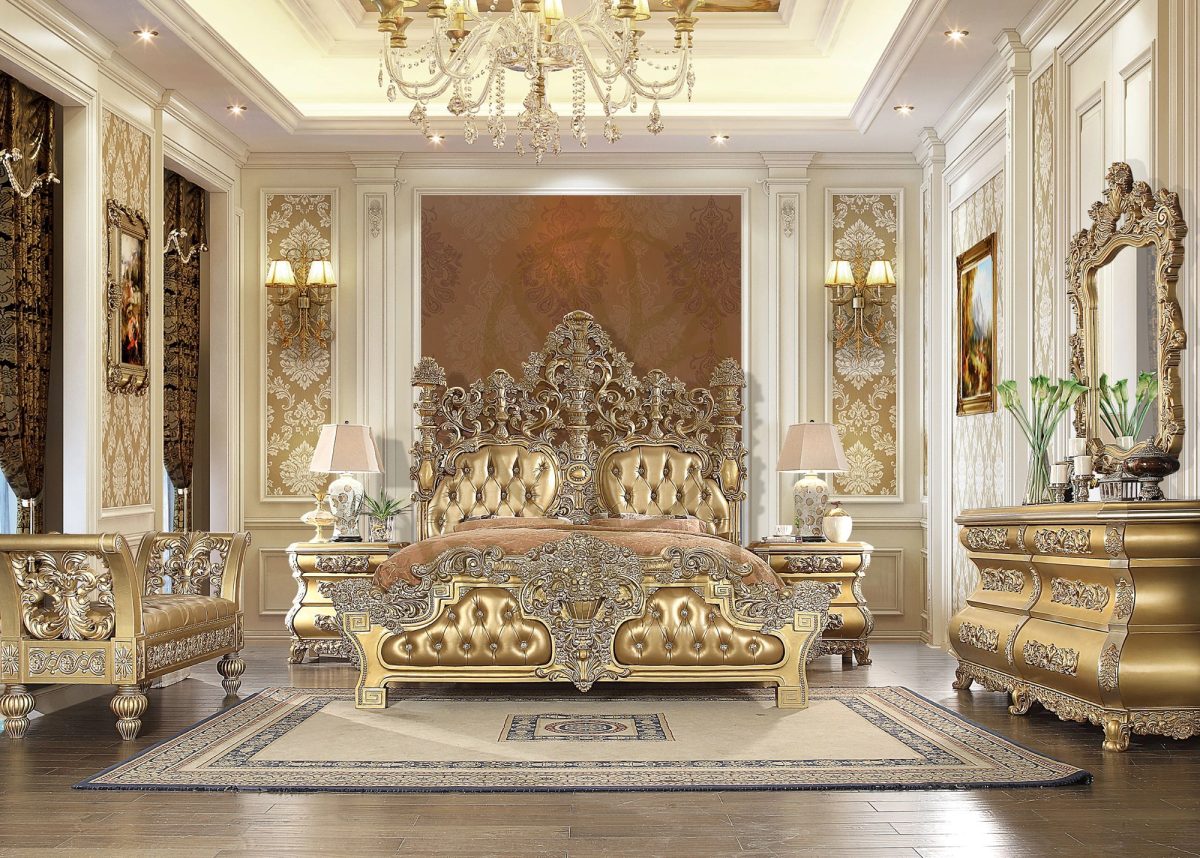 Teak Tufted Gold King Size Bed, alternate view