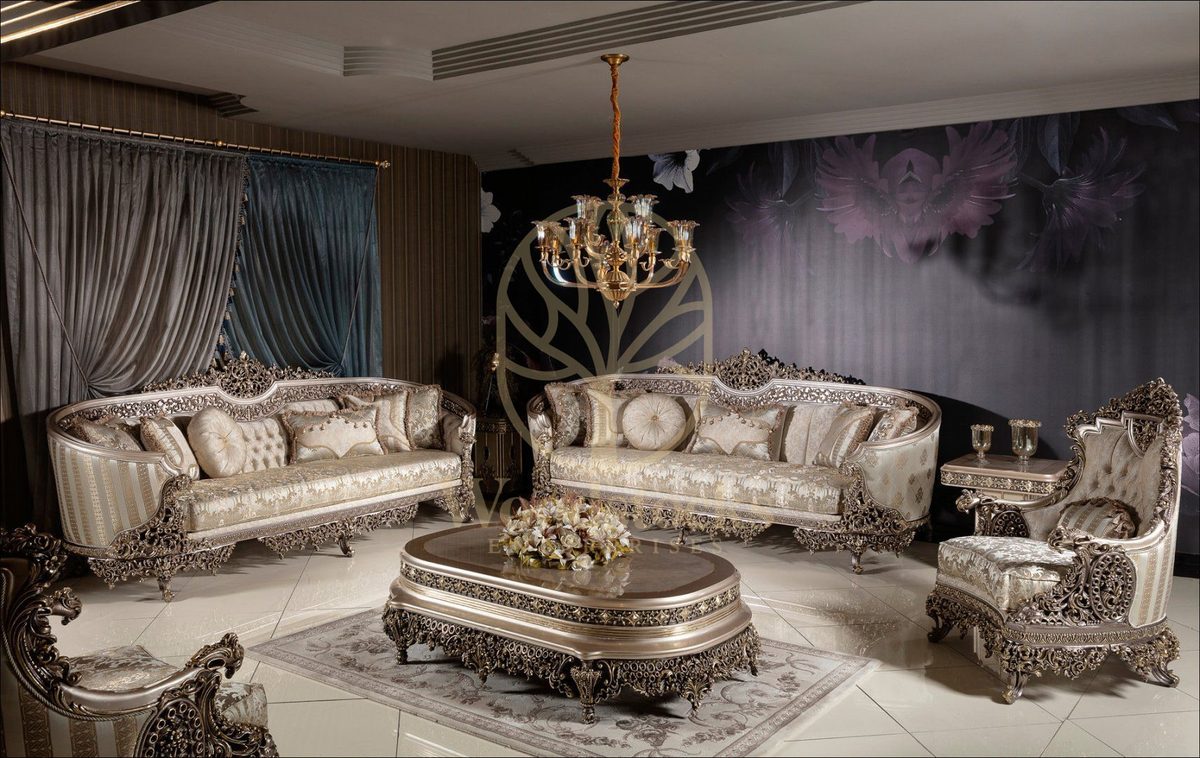 Teak Elegance Champagne and Gold Sofa Set, Sofa Set