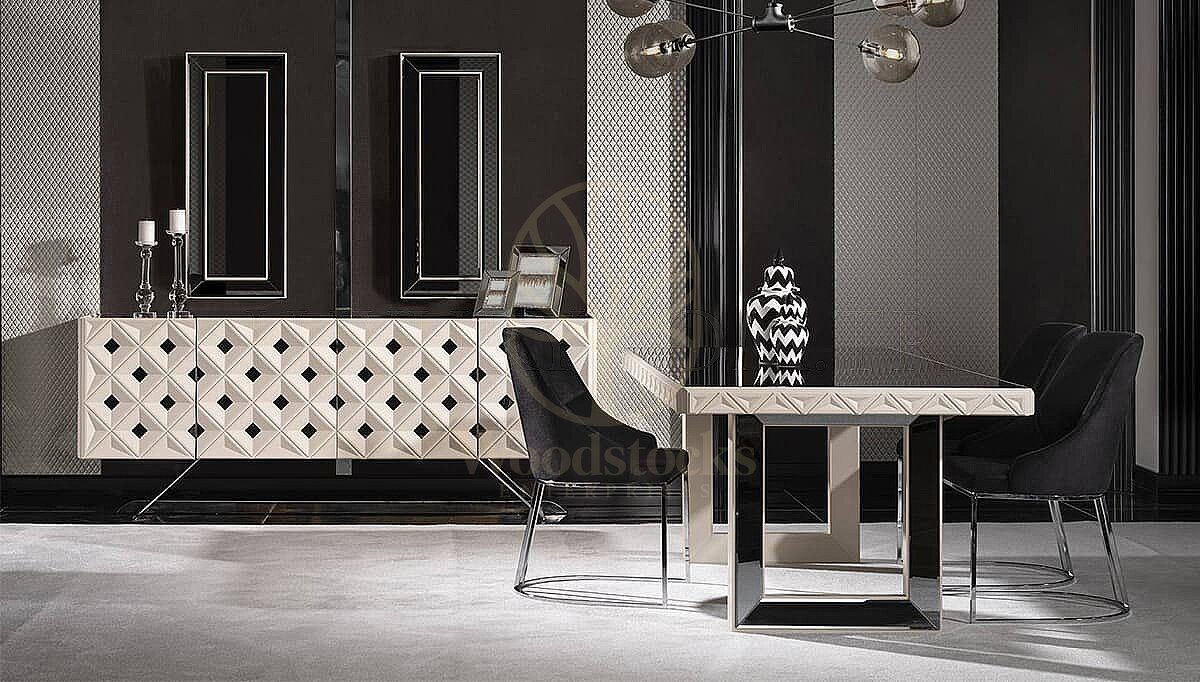 Luxury Amelie White Black Handcrafted Teak Dining Table Set, Saharanpur, view 2