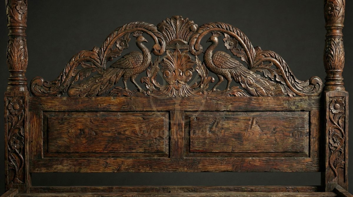 Royal Hand Carved Teak Suratte Peacock Court Four Poster Bed, Saharanpur, view 4
