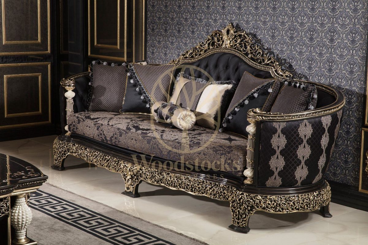 Teak Monaco Charcoal and Gold Tufted Sofa Set, alternate view