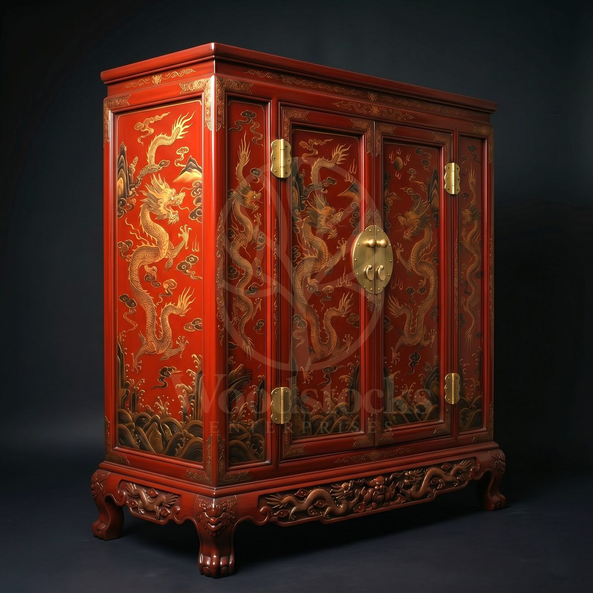 Royal Hand Carved Teak Imperial Vermilion Dragon Cabinet, Saharanpur, view 2