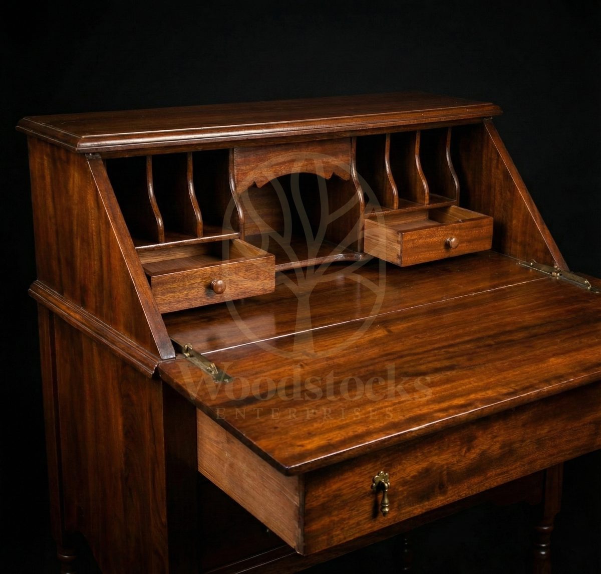 Royal Teak Regency Scribe’s Drop-Front Bureau & Sabre-Back Chair Ensemble, Saharanpur, view 3