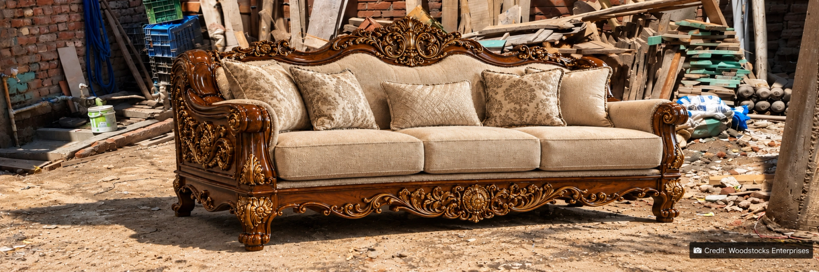 Hand carved three seater sofa in solid wood with gold detailed carving and beige upholstery, standing in a Saharanpur workshop yard among stacked timber