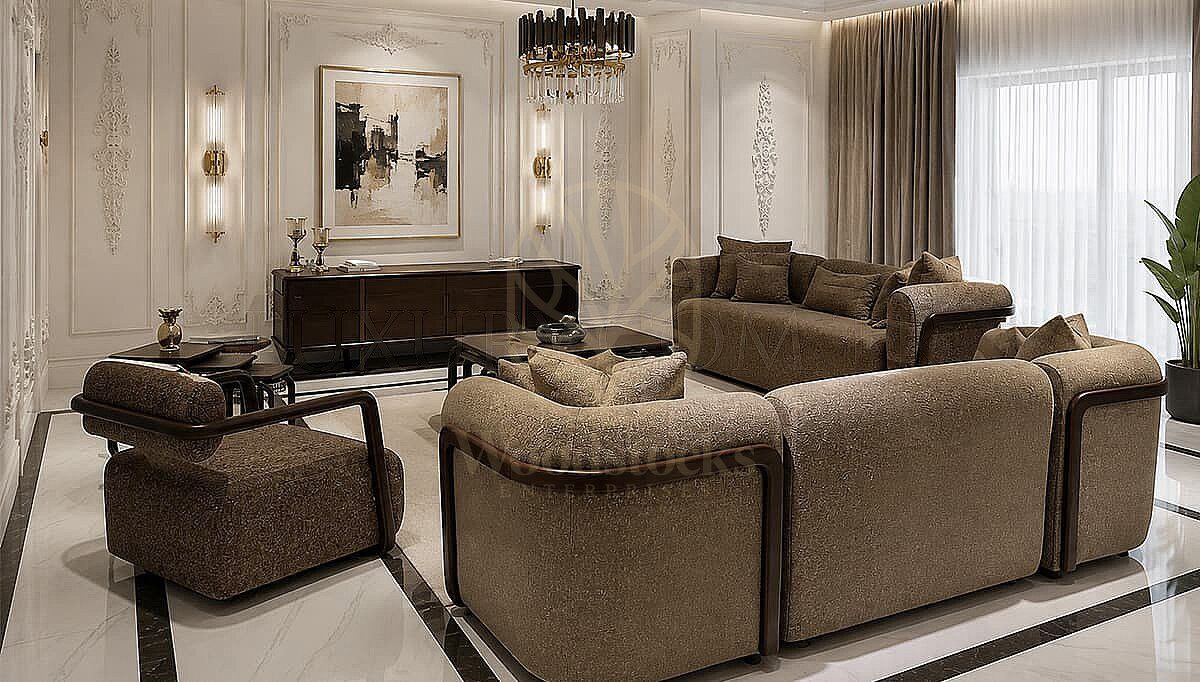 Luxury Aston Brown Handcrafted Teak Sofa Set, Saharanpur, Sofa Set