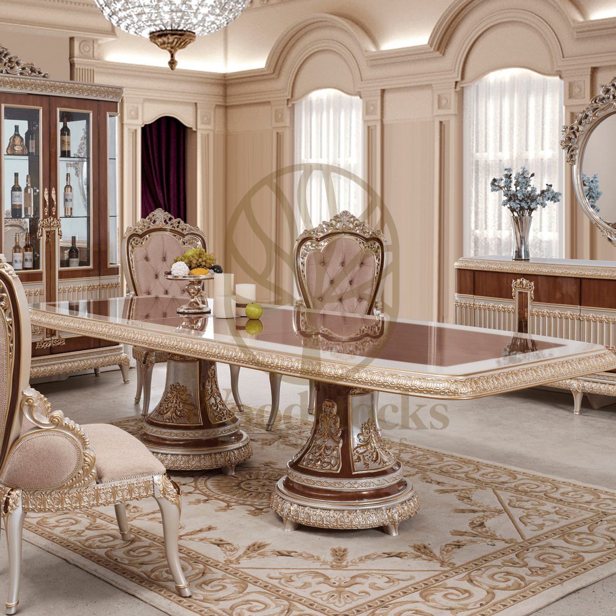 Teak Ornate Antiqued Ivory China Dining Table, view 4