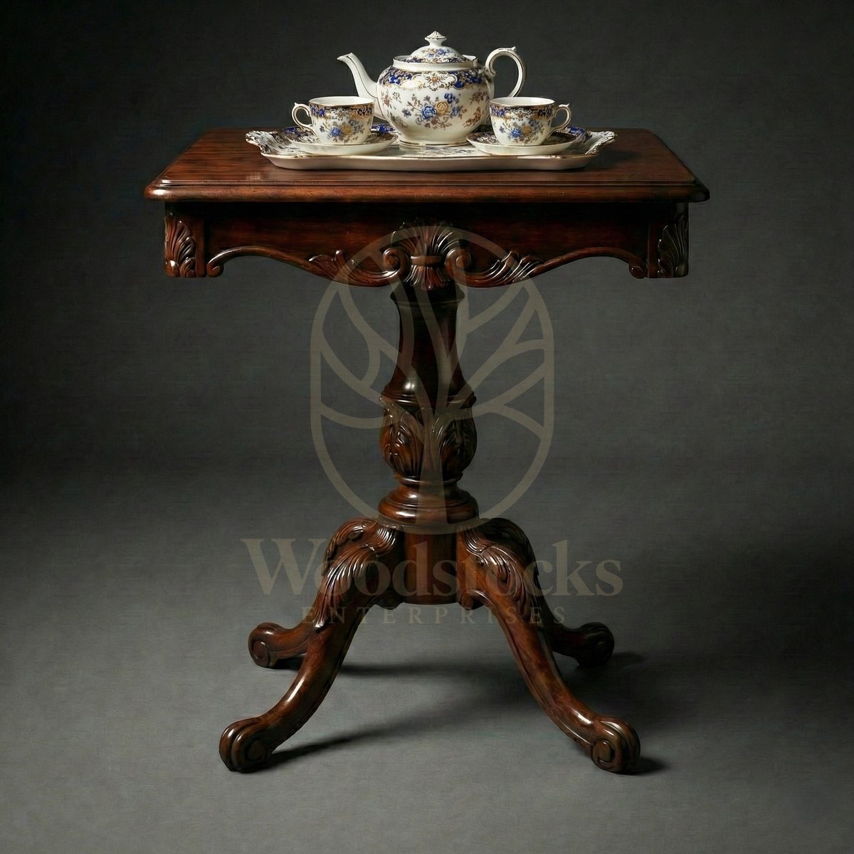 Royal Hand Carved Teak Yorkshire Acanthus Pedestal Table, Saharanpur, End Table / Corner Table