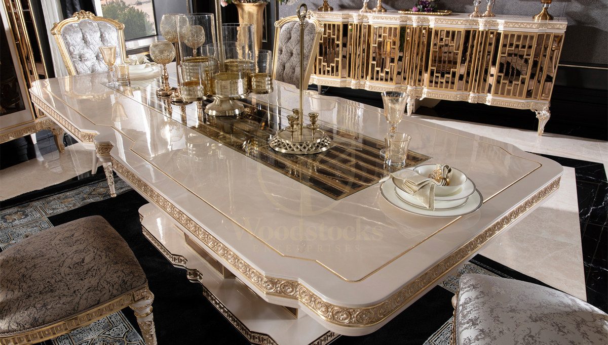 Royal Almatis Cream Hand Carved Teak Dining Table Set, Saharanpur, view 2