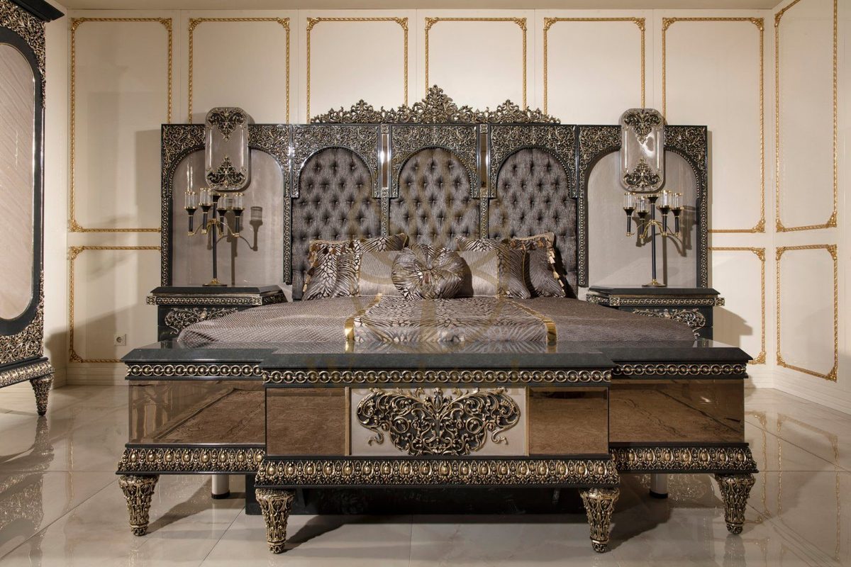 Teak Ornate Charcoal and Silver 4-Piece King Size Bed, view 9