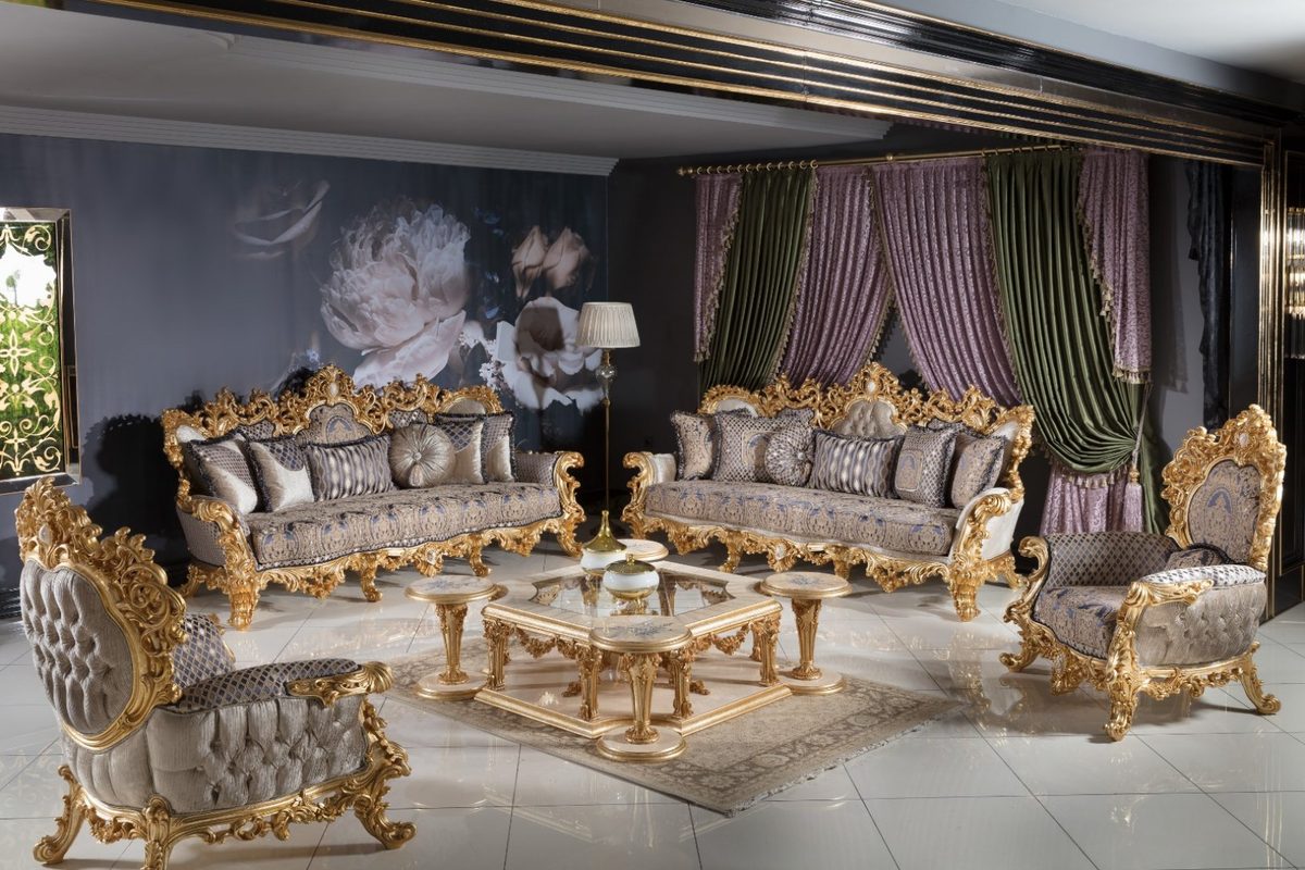 Teak Grand Gold Leaf Baroque Sofa Set, Sofa Set