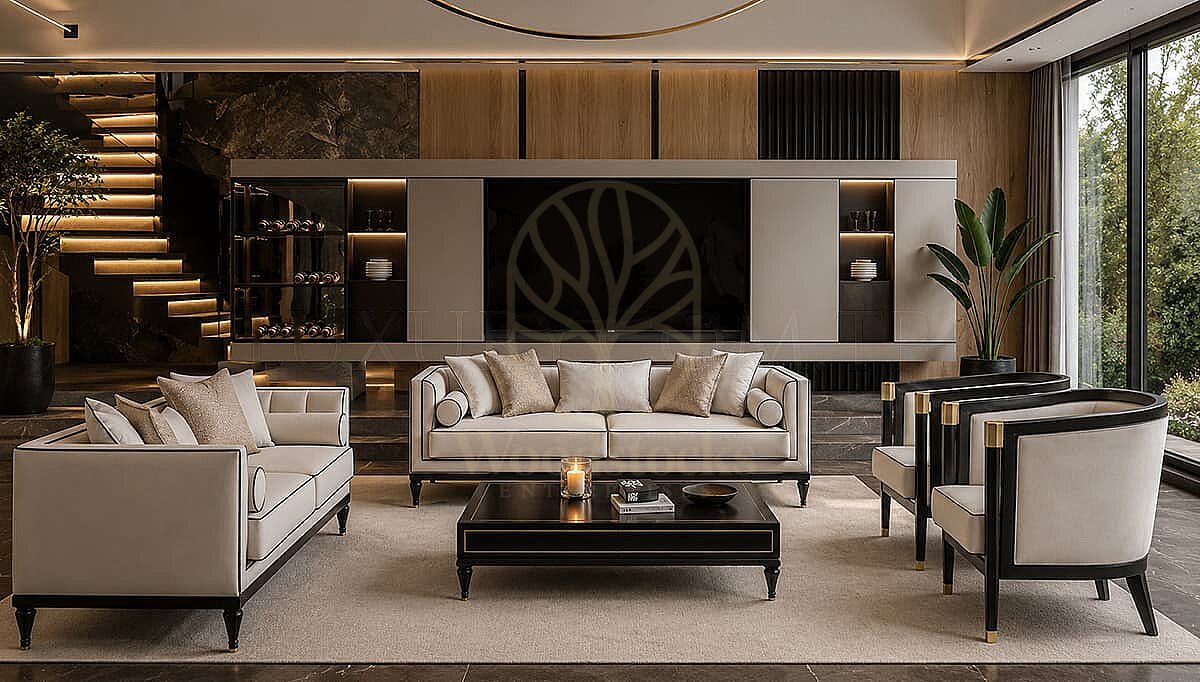 Luxury Soletta Black Handcrafted Teak Sofa Set, Saharanpur, Sofa Set