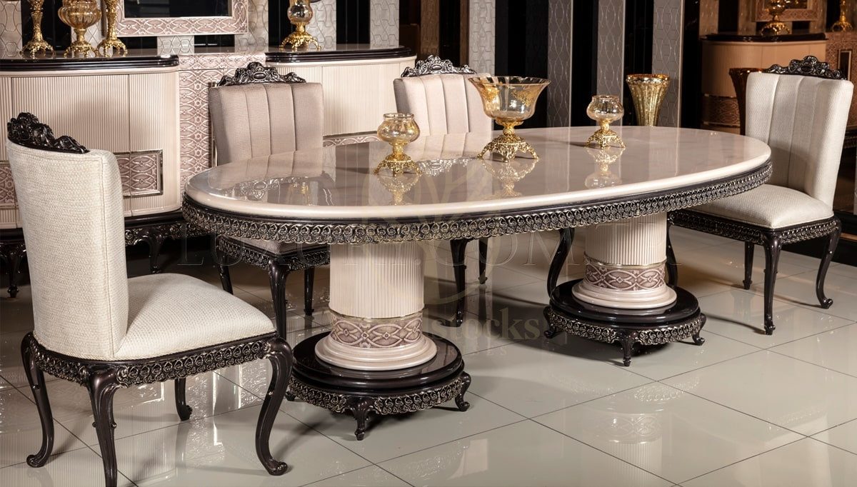 Royal Londra Hand Carved Teak Dining Table Set, Saharanpur, view 3