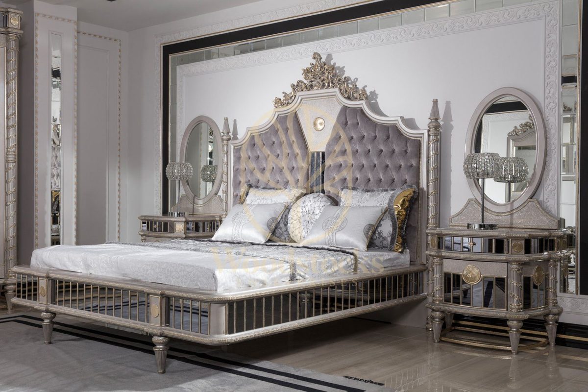 Teak Nora Ivory and Grey 4-Piece King Size Bed, view 5