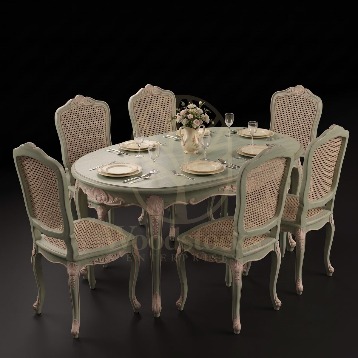 Royal Hand Carved Teak Avignon Garden Rococo Cane-Back Dining Set, Saharanpur, Dining Table