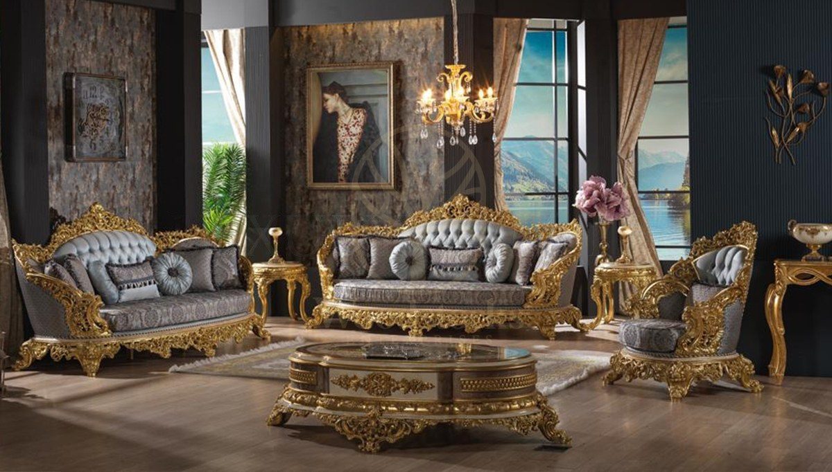 Royal Hunkar Gold Leaf Hand Carved Teak Sofa Set, Saharanpur, Sofa Set