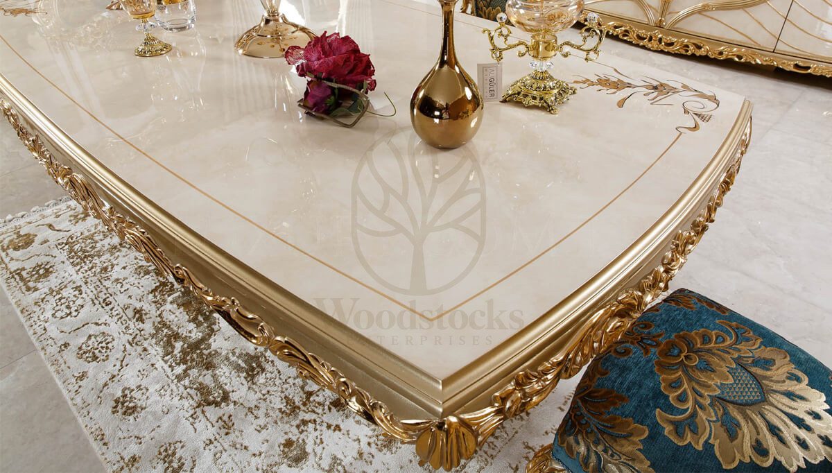 Royal Mecidiye Gold Leaf Hand Carved Teak Dining Table Set, Saharanpur, view 8