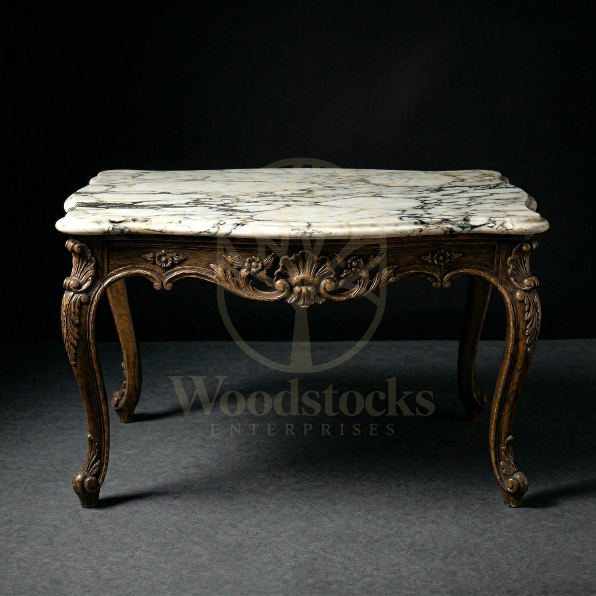 Royal Hand Carved Teak French Court Louis XV Marble Salon Table, Saharanpur, view 3