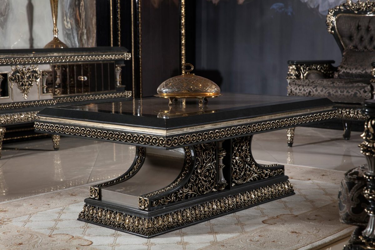 Teak Ornate Black and Gold Center Table, Center Table