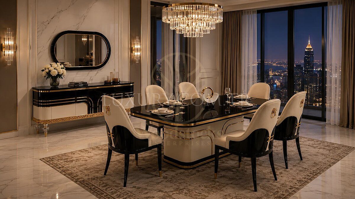 Luxury Montella White Black Handcrafted Teak Dining Table Set, Saharanpur, Dining Table