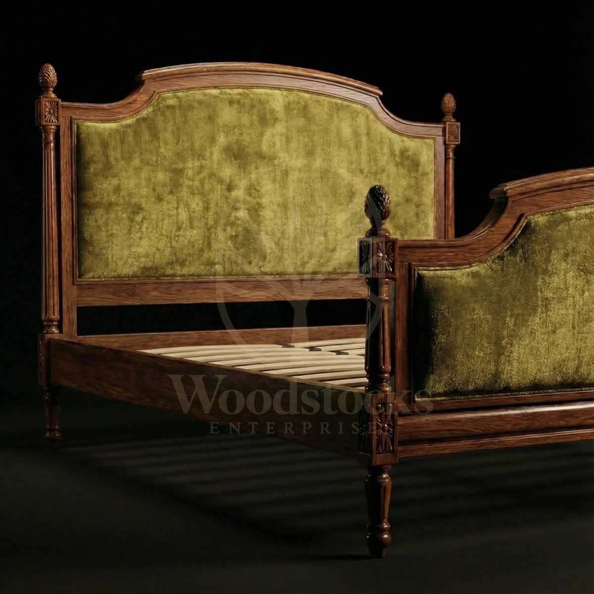 Royal Hand Carved Teak Louis XVI Salon Bed with Pomme de Pin Finials, Saharanpur, view 5