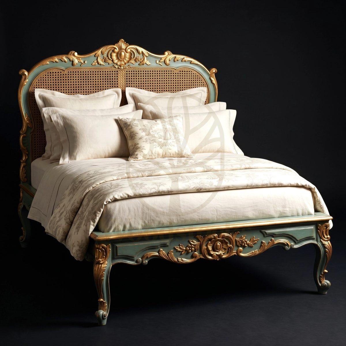 Royal Hand Carved Teak Rocaille & Rosette French Vert Céladon Lit de Maître, Saharanpur, King Size Bed