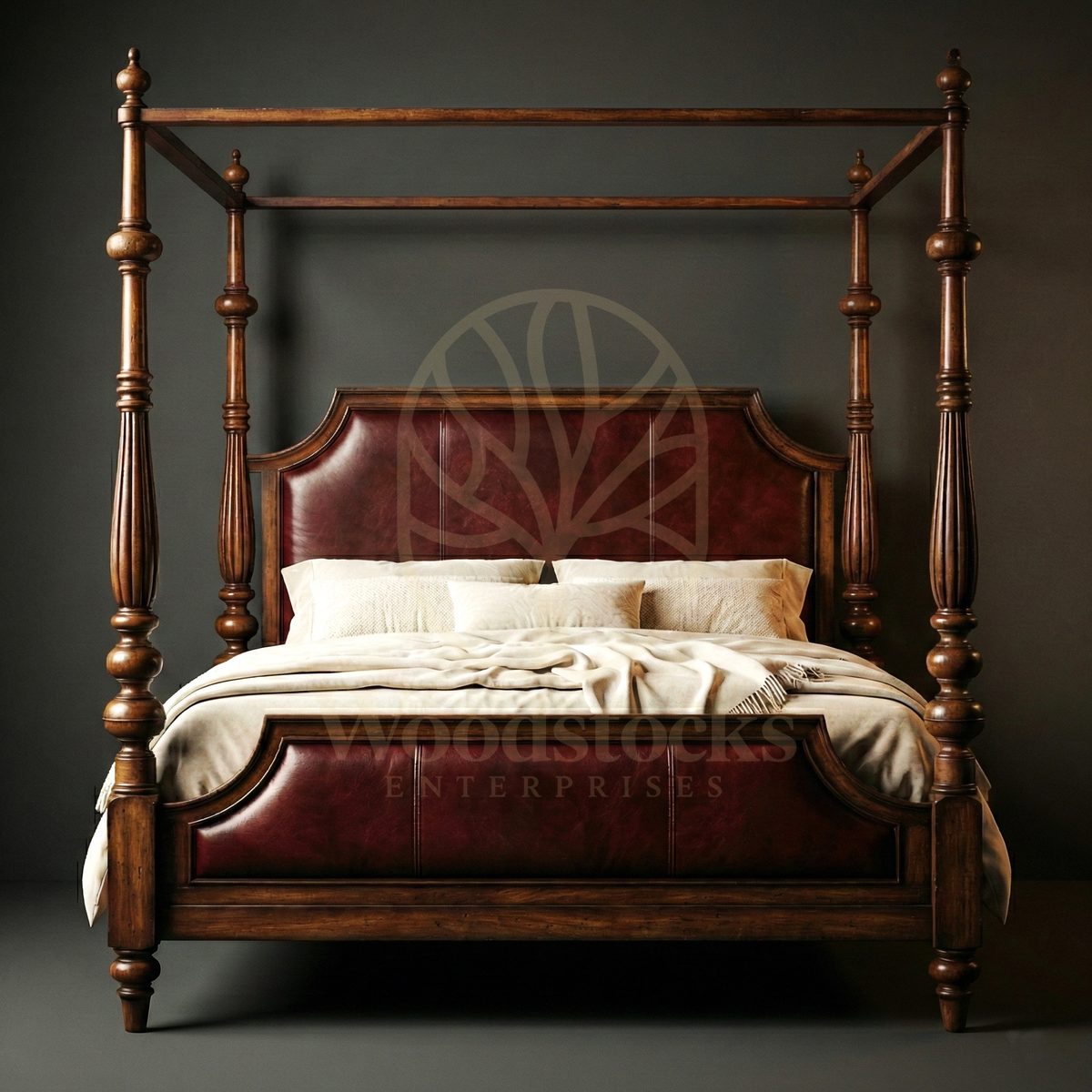 Royal Hand Carved Teak Oxford Manor Leather-Back Four-Poster Bed, Saharanpur, view 3