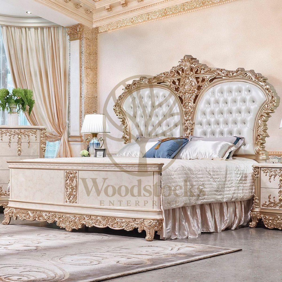 Teak Tufted Ivory 6-Piece King Size Bed, King Size Bed