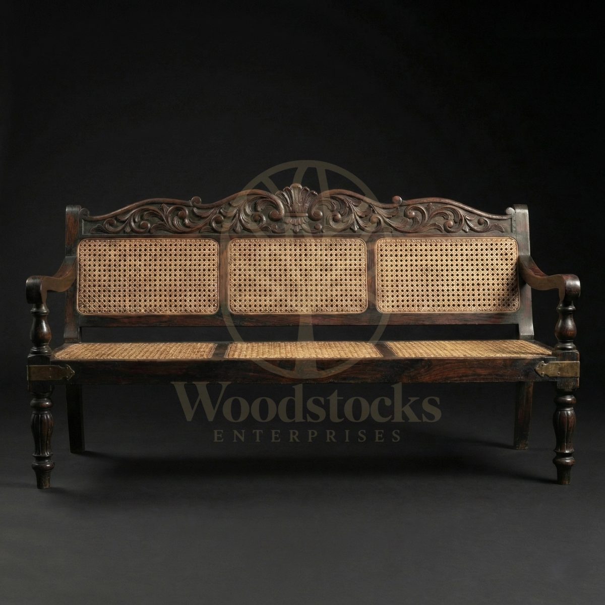 Hand Carved Teak Park Street Colonial Cane Settee, Saharanpur, Sofa Set