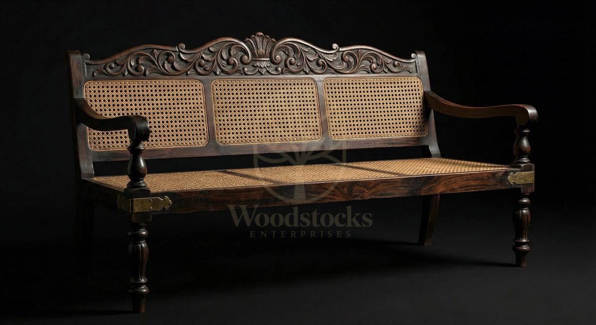Hand Carved Teak Park Street Colonial Cane Settee, Saharanpur, view 2