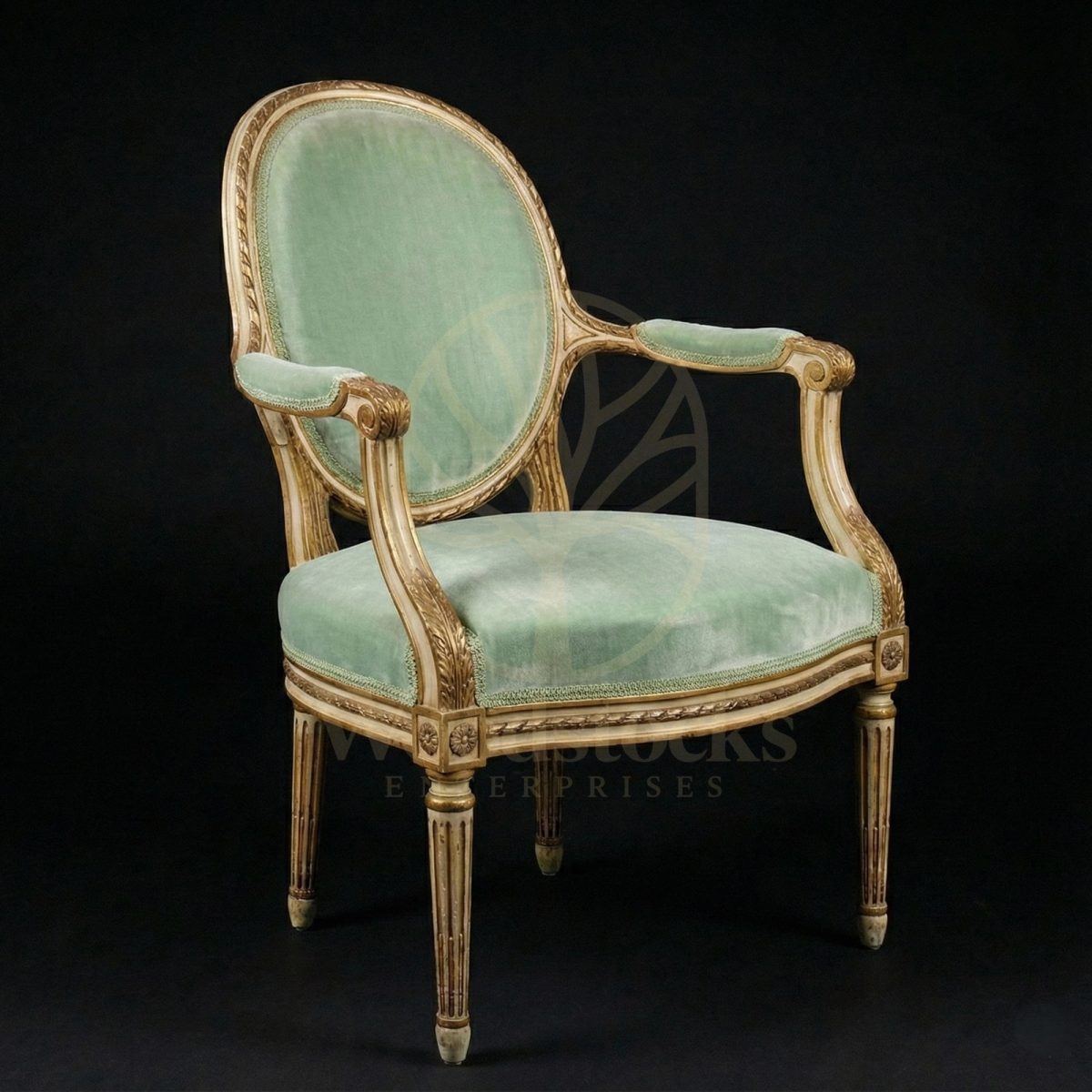 Royal Hand Carved Teak La Fauteuil de Lumière Gilded Mint Louis XVI Armchair, Saharanpur, Living Room Chair