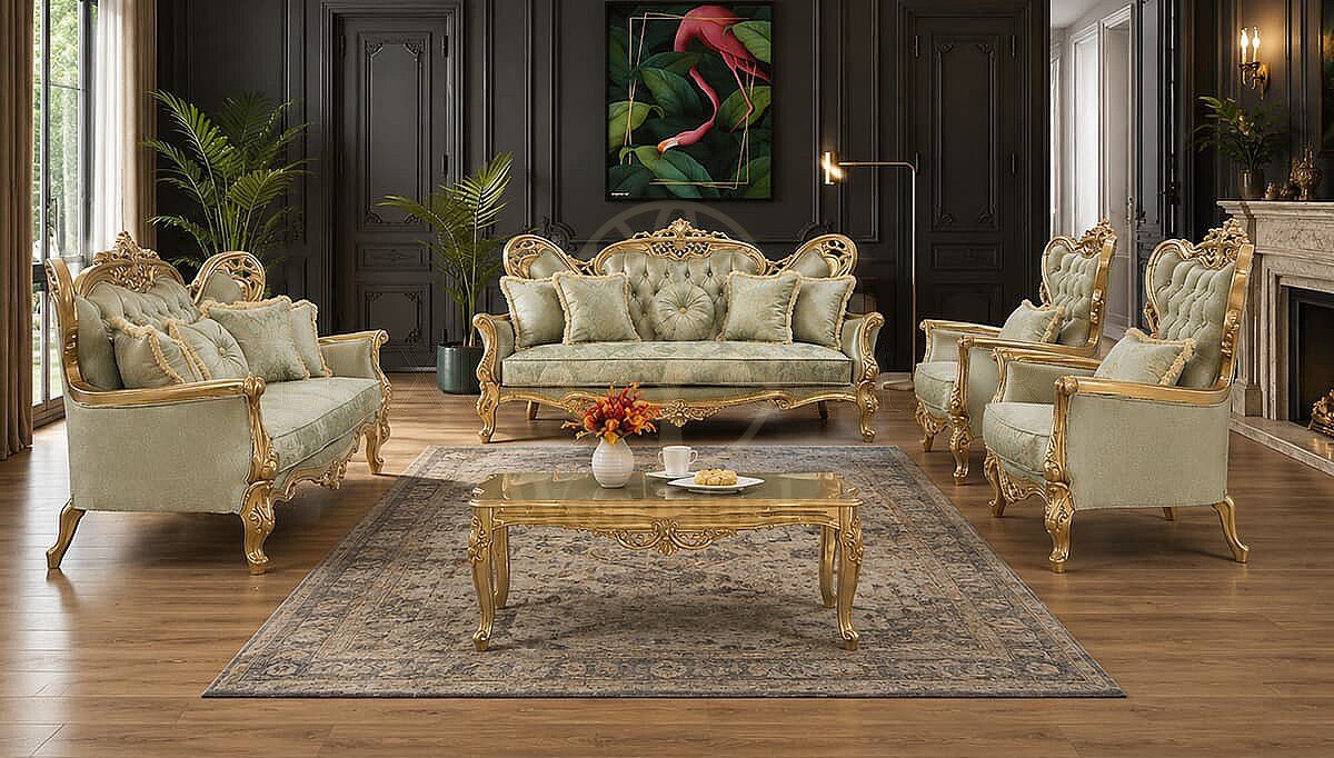 Luxury Alessa Gold Handcrafted Teak Sofa Set, Saharanpur, Sofa Set