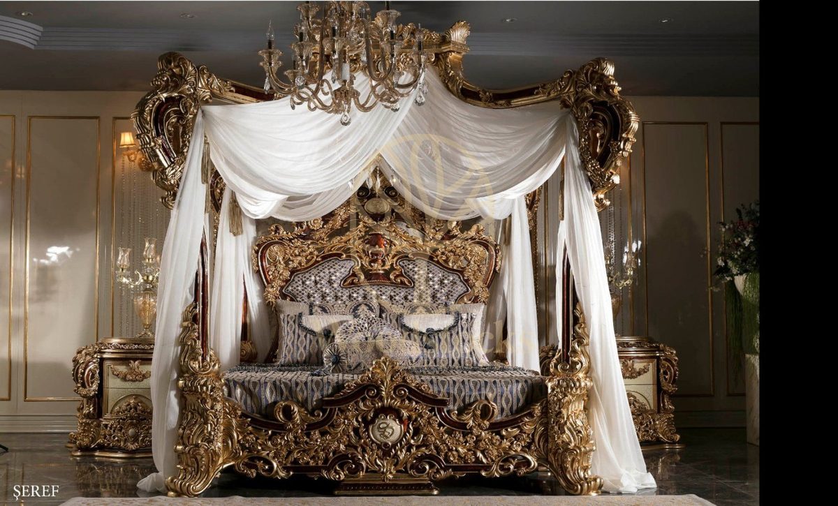 Teak Grand Gold Carved Canopy King Size Bed, alternate view