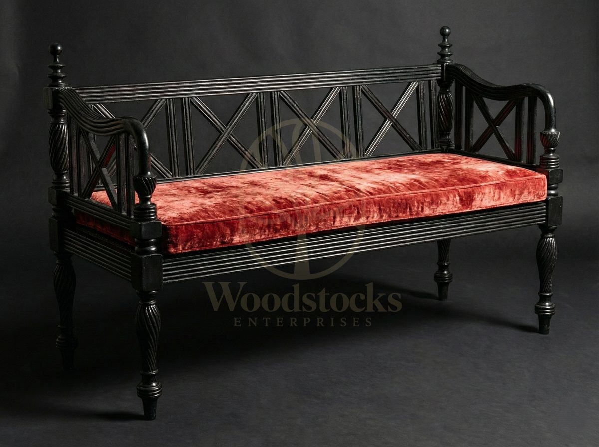 Luxury Teak Old Colombo Cane-Seat Bench, Saharanpur, view 2