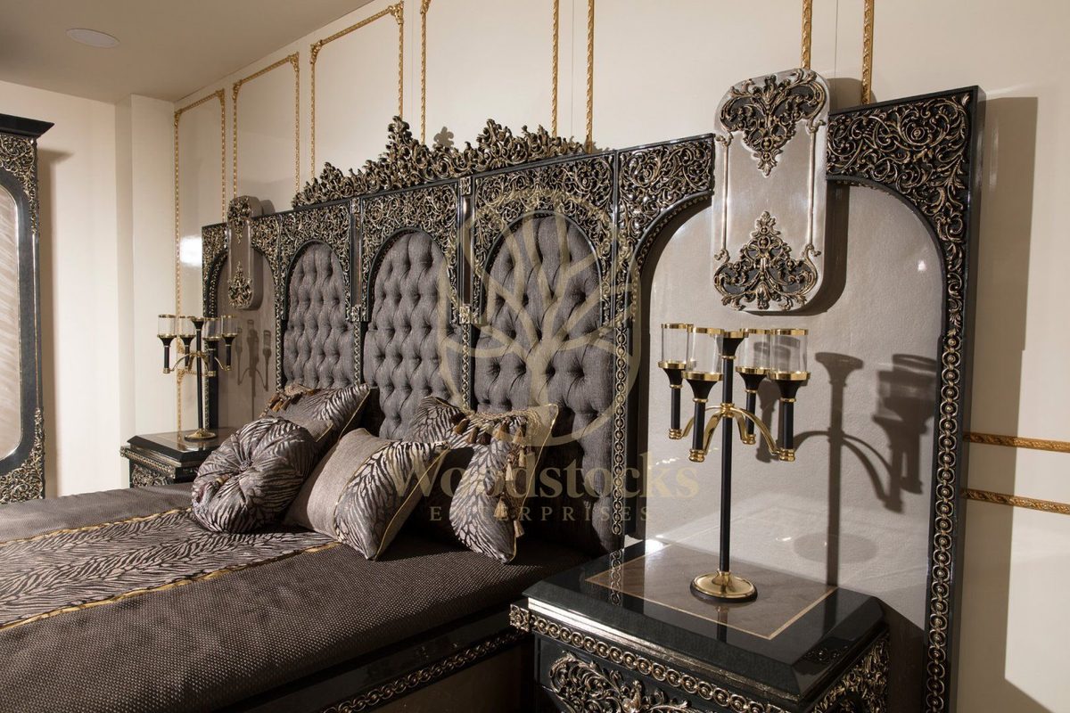 Teak Ornate Charcoal and Silver 4-Piece King Size Bed, view 3