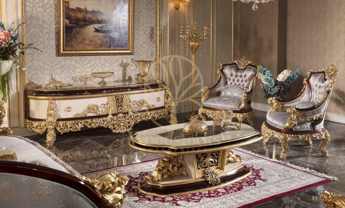 Teak Royal Silver and Gold Carved Sofa Set, alternate view