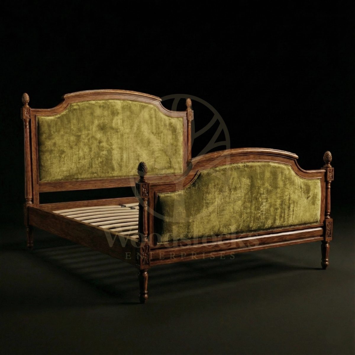 Royal Hand Carved Teak Louis XVI Salon Bed with Pomme de Pin Finials, Saharanpur, view 6